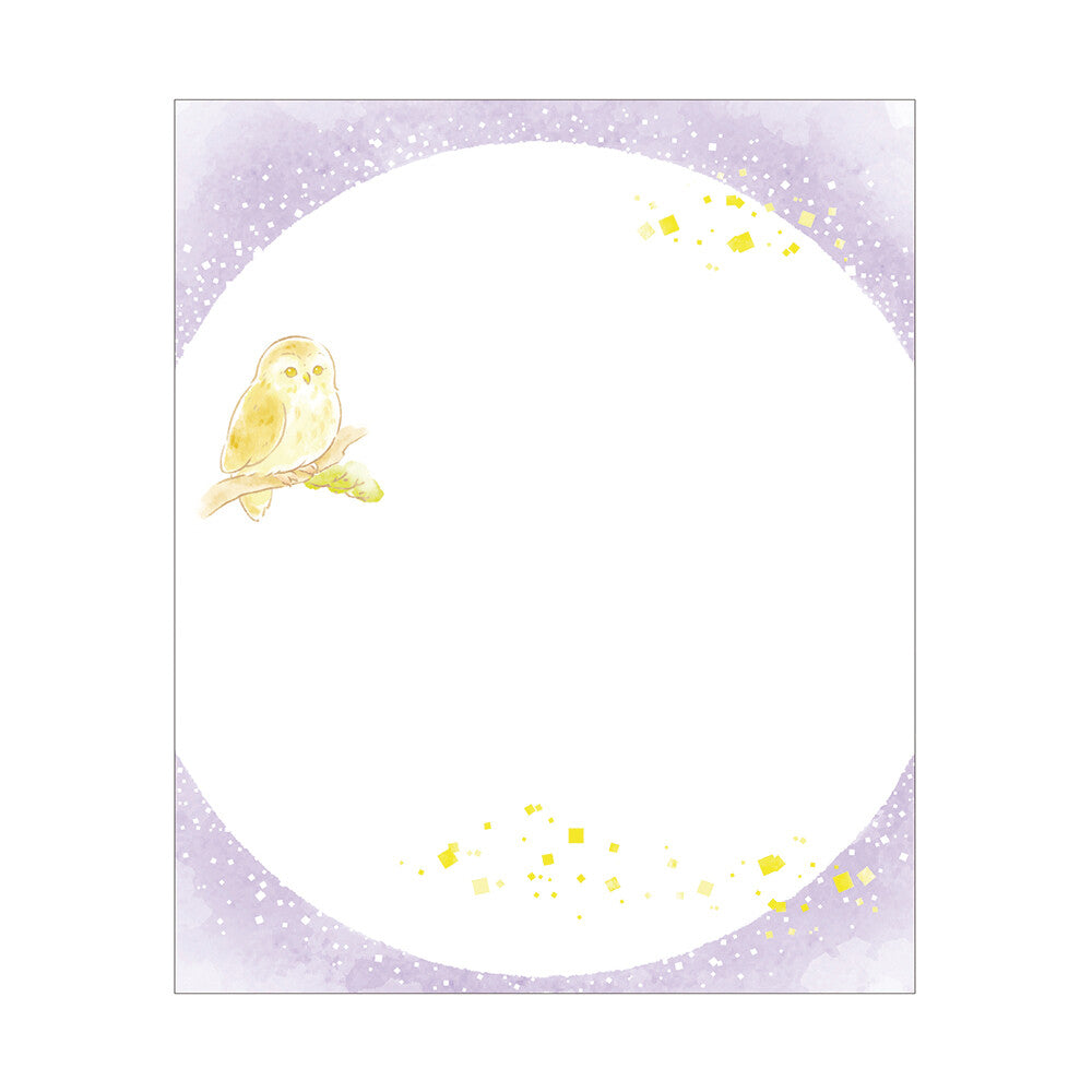 Notepad with a yellow owl illustration on a purple background