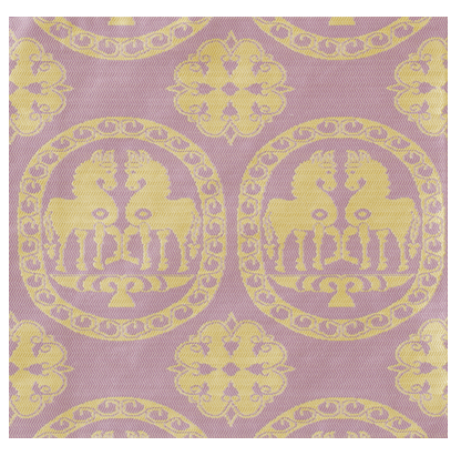 Patterned fabric with yellow designs on a purple background