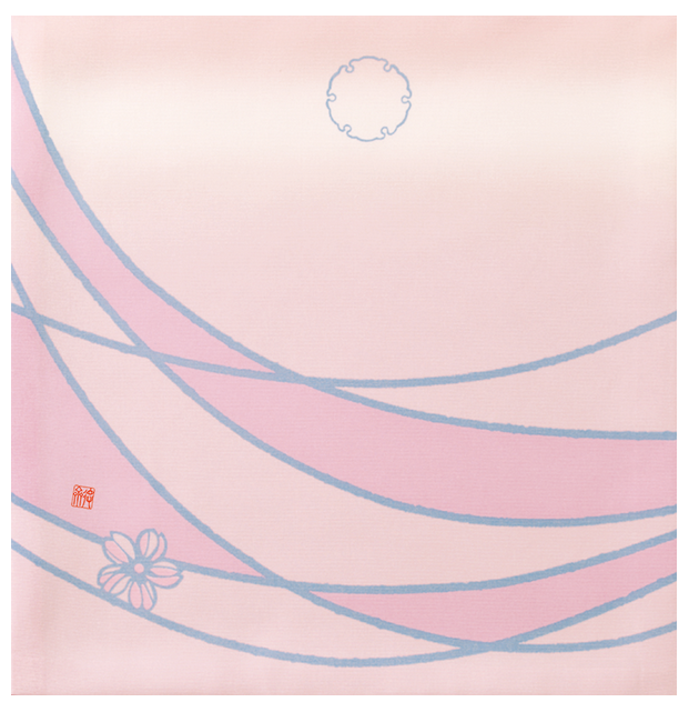 Pink and blue abstract design with floral elements on a light pink background