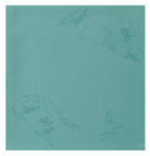 Teal fabric with embroidered patterns on a white background