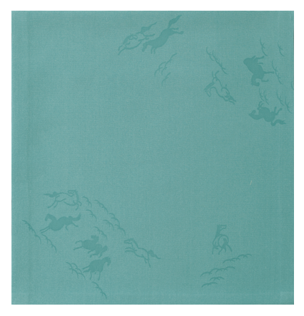 Teal fabric with embroidered patterns on a white background