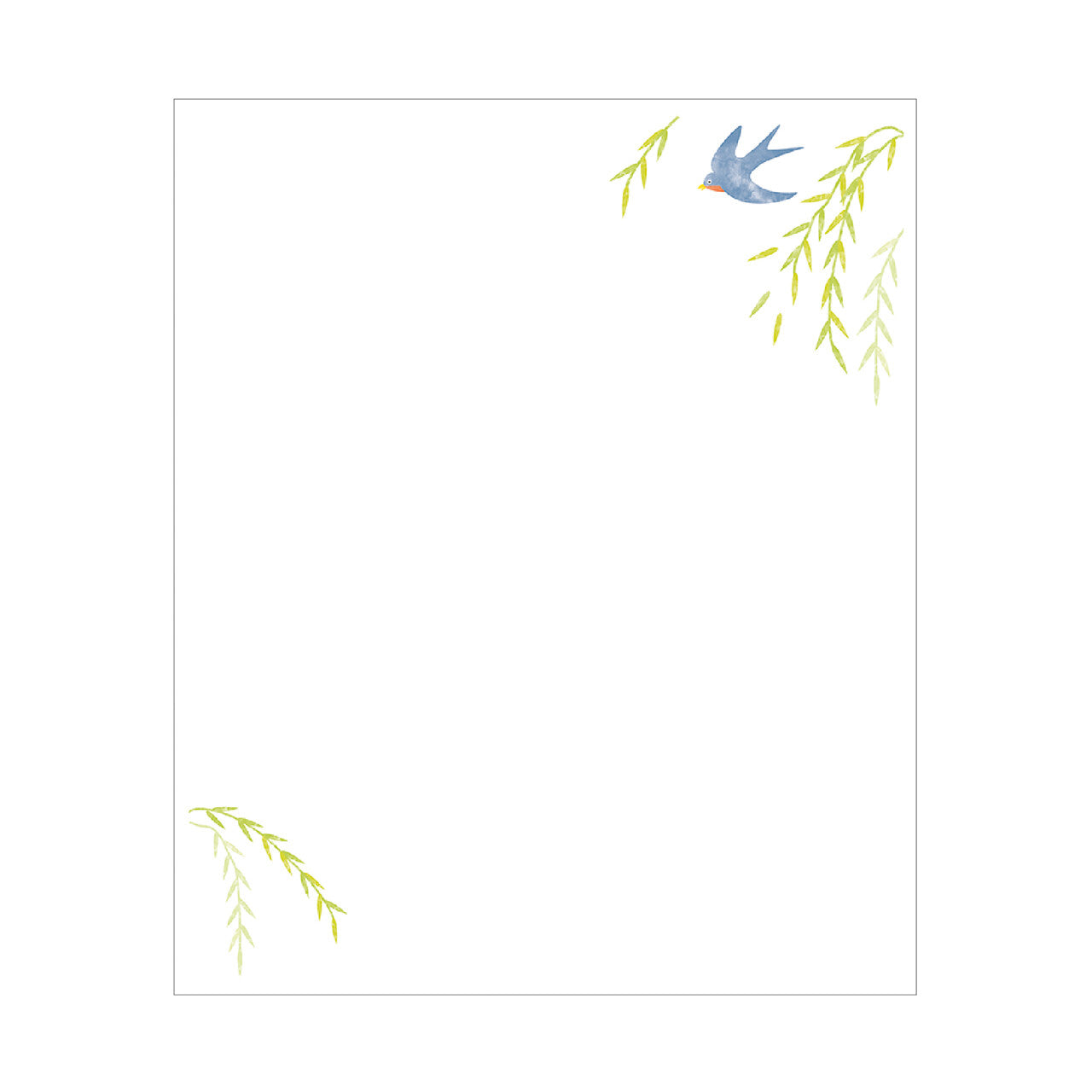 Design with a blue bird and green leaves on a white background