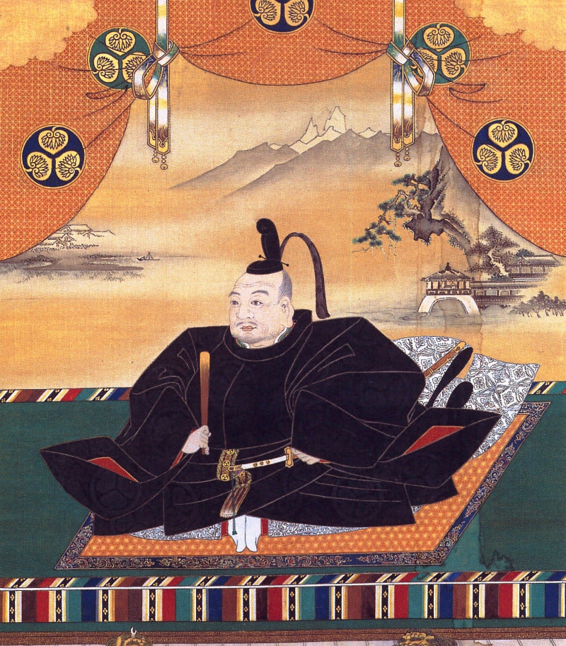 Traditional Japanese artwork of a person in formal attire with a scenic background