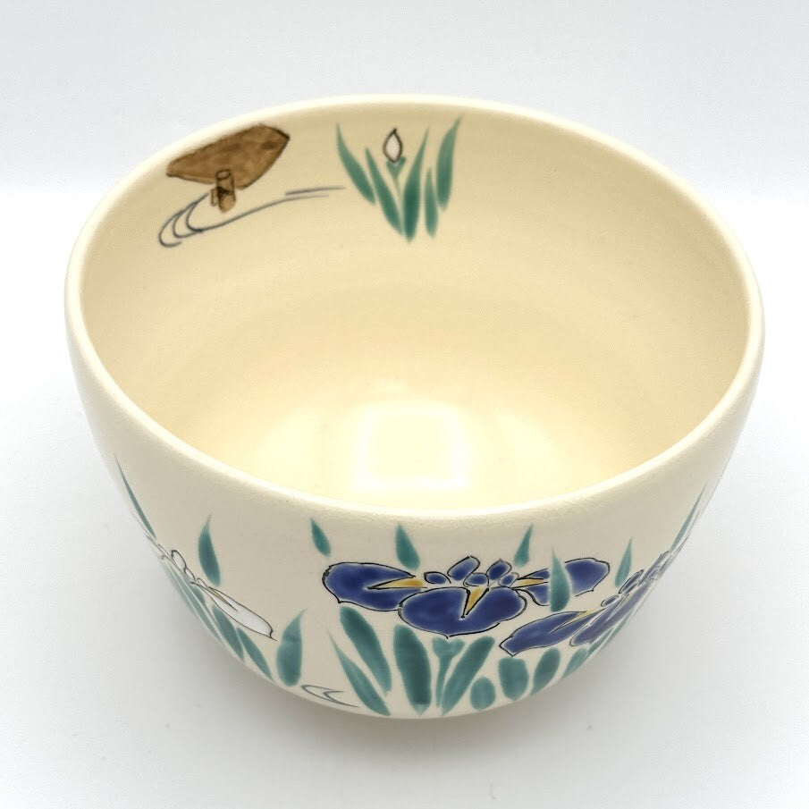 Top interior view of the Ayame matcha bowl showing Japanese iris decoration continuing around the inner rim