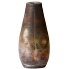 A rustic, handcrafted ceramic vase with a teardrop silhouette, featuring a textured glaze with earthy brown, rust-red, and beige variations, set against a neutral gray background.
