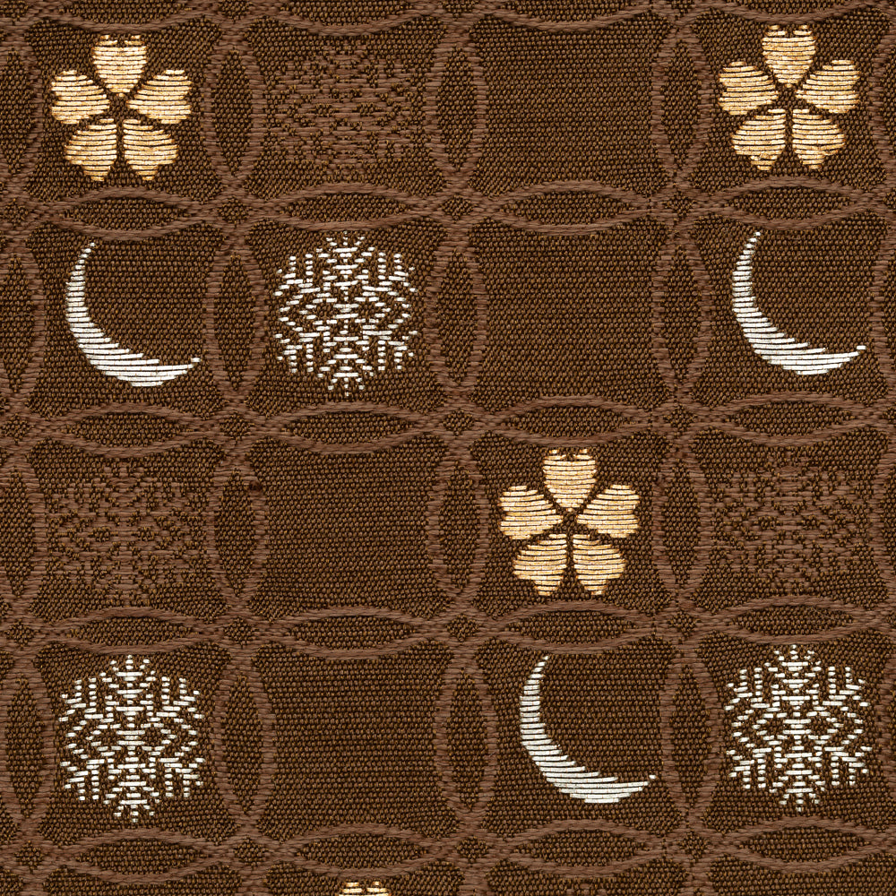 Close-up of brown Nishijin silk brocade with overlapping shippo circles, snow crystals, crescent moons, and flowers.