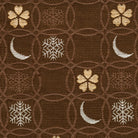 Close-up of brown Nishijin silk brocade with overlapping shippo circles, snow crystals, crescent moons, and flowers.