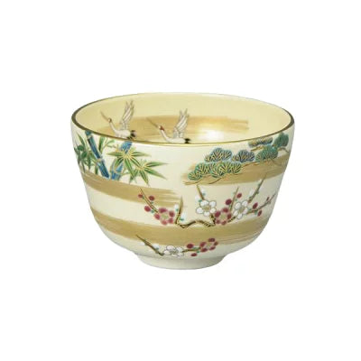 Kyo Ware matcha bowl featuring cranes, Sho-Chiku-Bai pine, bamboo and plum motifs with elegant gold leaf accents
