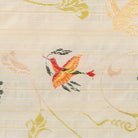 Close-up of Hanakuidori Budoukarakusa Kinran Kobukusa highlighting the flower bird motif, gold brocade weaving, and fine Nishijin silk craftsmanship.