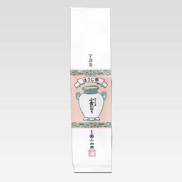 Traditional Japanese tea packaging with a white vase illustration on a light pink background