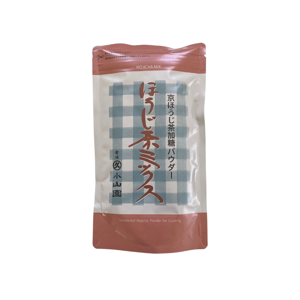 A package of Marukyu Koyamaen sweetened hojicha powder, showing the product name and weight, against a plain background.