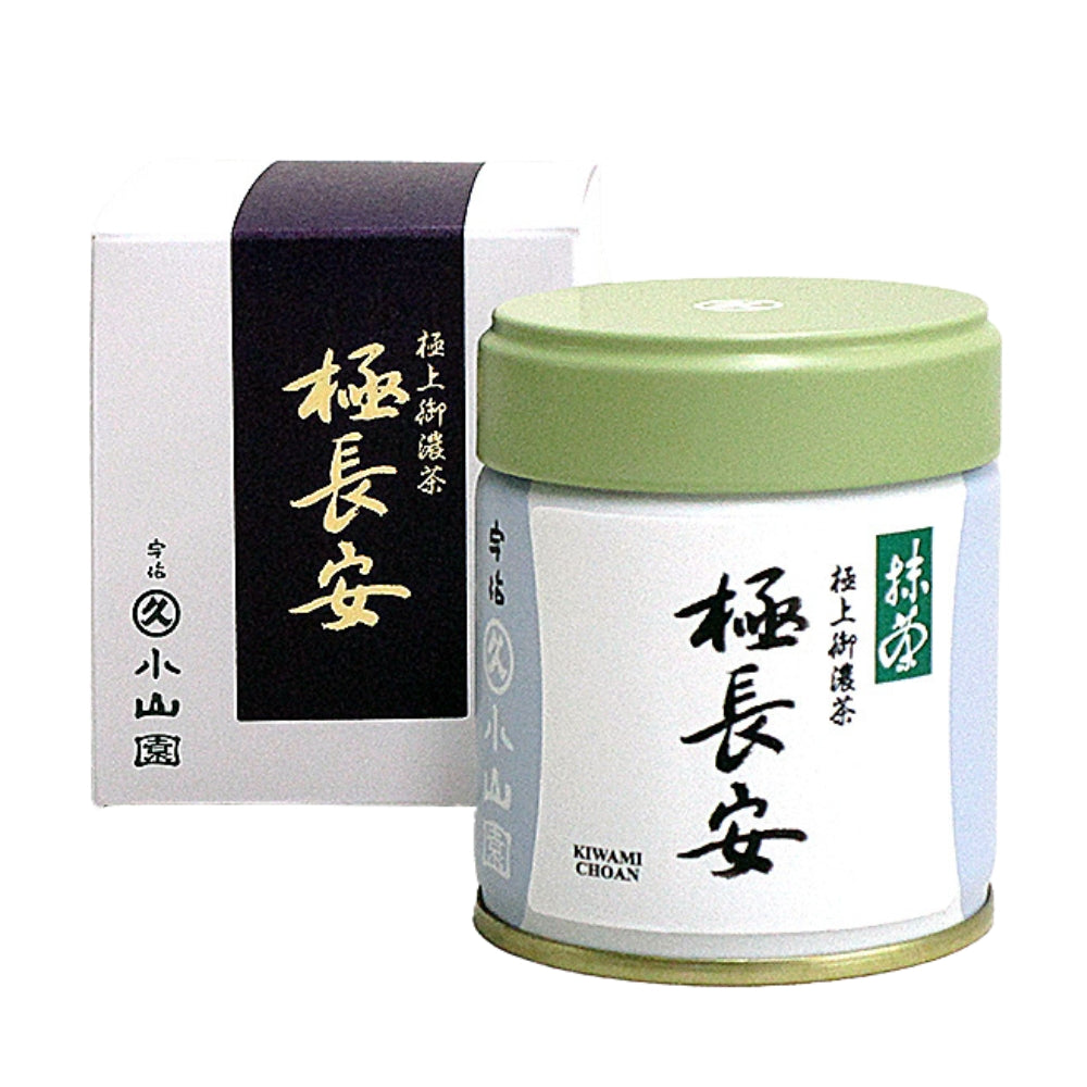 A product image showing two containers of Kiwami CHOAN Marukyu Koyamaen Uji Matcha. One container is open with a spoon inside, and the other is sealed with a label.