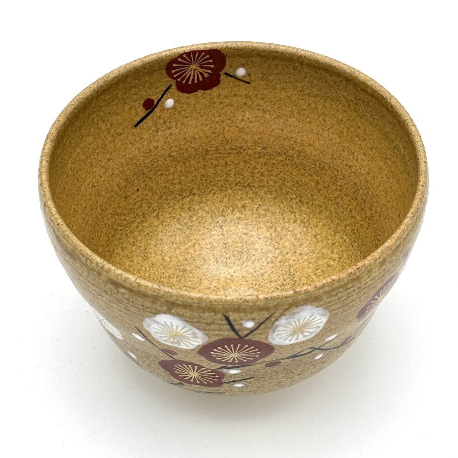 Top interior view of the Kiyomizu-yaki Eda-Ume chawan showing its warm brown glaze and hand-painted plum blossoms extending around the rim