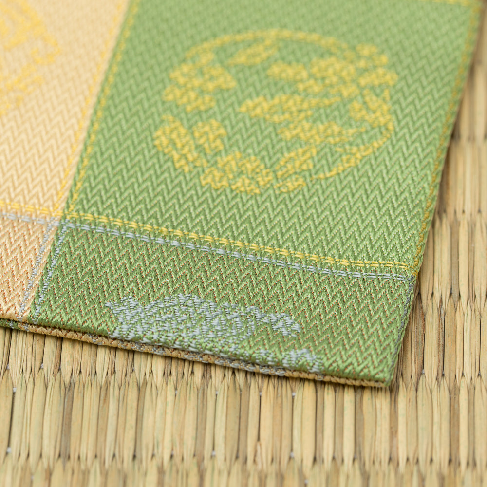 Close-up of the Nishijin silk weave and checkered dragon motif on Koushi-ji Maruryu Soukamon Donsu Kobukusa.