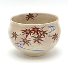 Hand-painted Kyo-yaki matcha bowl featuring the Momiji Ryusui motif with red and brown autumn maple leaves drifting along blue flowing water on a warm beige glaze