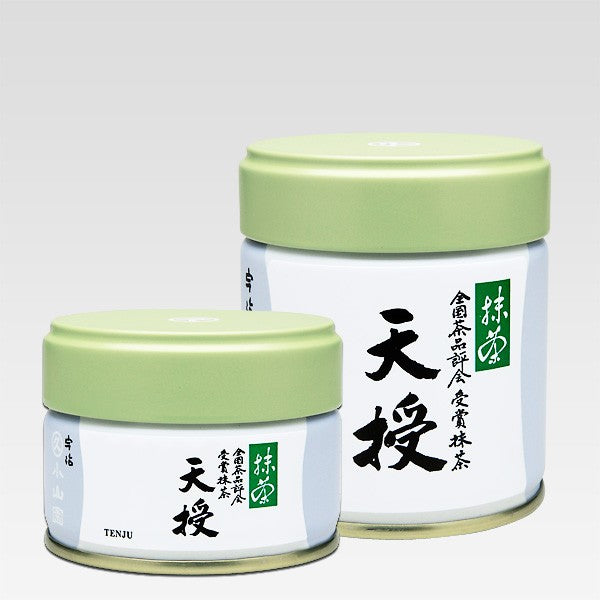 Two containers of TENJU Ceremonial Grade Matcha, one larger and one smaller, both with Japanese text and a green lid, on a white background.