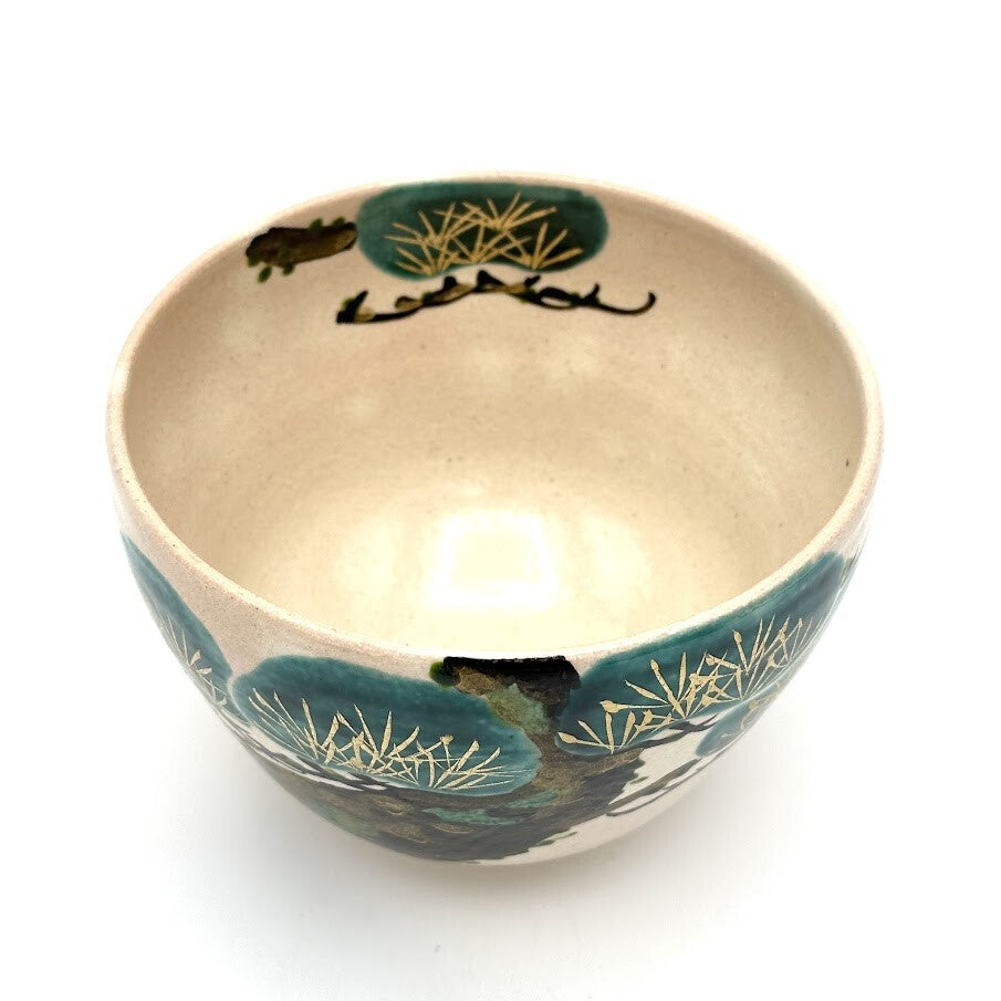 Top interior view of the Matsu matcha bowl showing hand-painted pine motifs continuing around the inner rim