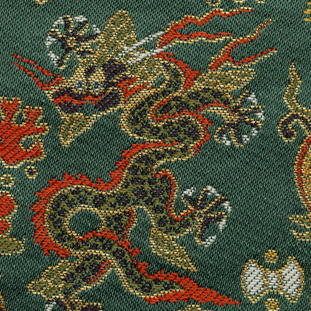Close-up of intricate dragon and phoenix motifs woven in Kyoto Nishijin silk brocade
