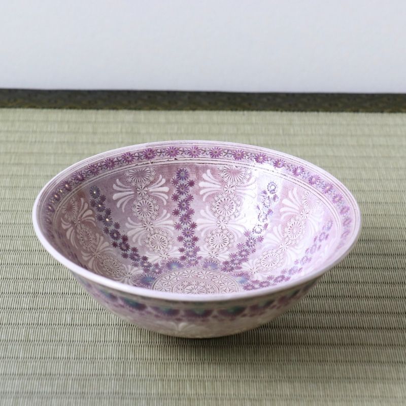 Interior view of the Morisato Touraku Hira Chawan with alternating vertical purple floral patterns