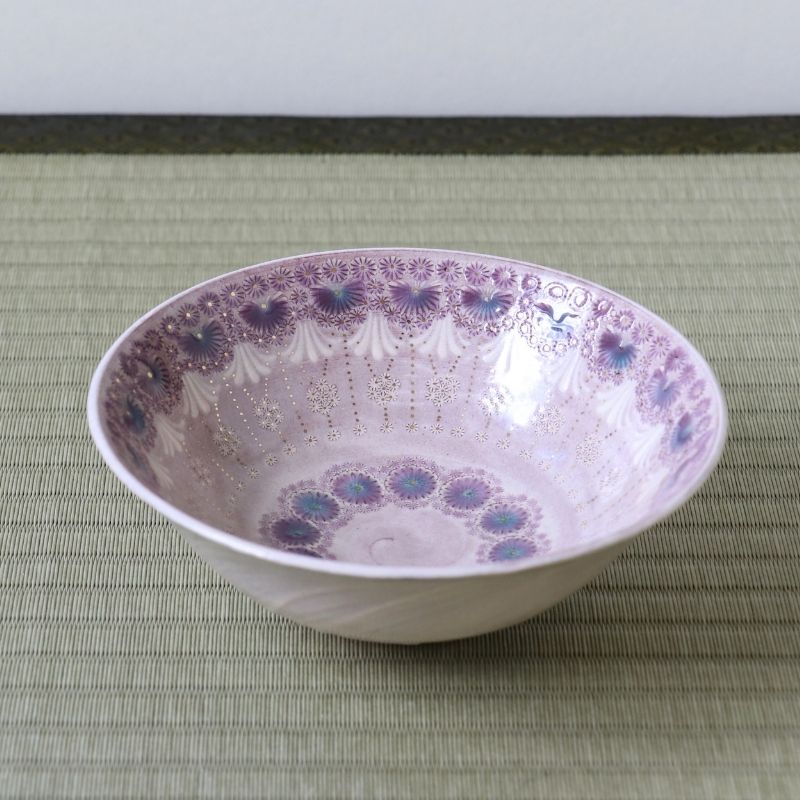 Handcrafted purple floral Hira Chawan by Morisato Touraku with intricate Kyo-Mishima decoration