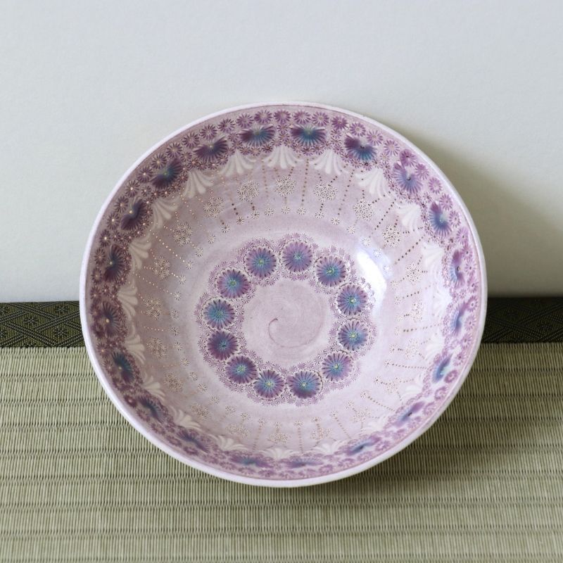 Top view of the purple floral Hira Chawan showing detailed stamped floral patterns across the interior