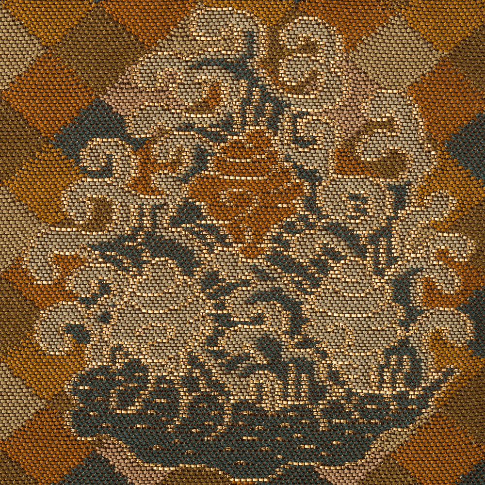 Close-up of the intricate Okura Nishiki pattern woven in Nishijin silk