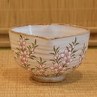 Front view of a hand-painted Kyo Ware katakuchi matcha bowl by Ryoji Nakamura with pale pink peach blossoms and a petal-shaped rim.