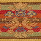 Close-up of the Nishijin silk brocade showing a stylized waterfowl, floral pedestal, and multicolored ungen weaving.