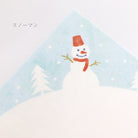 Illustration of a snowman with a red hat and scarf against a snowy landscape.