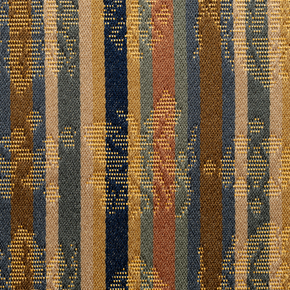 Close-up of gold thread and auspicious treasure motifs woven into Kyoto Nishijin silk