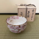 Togetsukyo sakura matcha bowl displayed beside its inscribed wooden storage box on tatami.