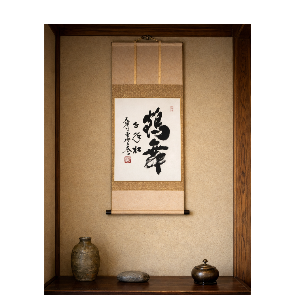 Scroll with calligraphy on a wall in a room with wooden shelves and decorative items.