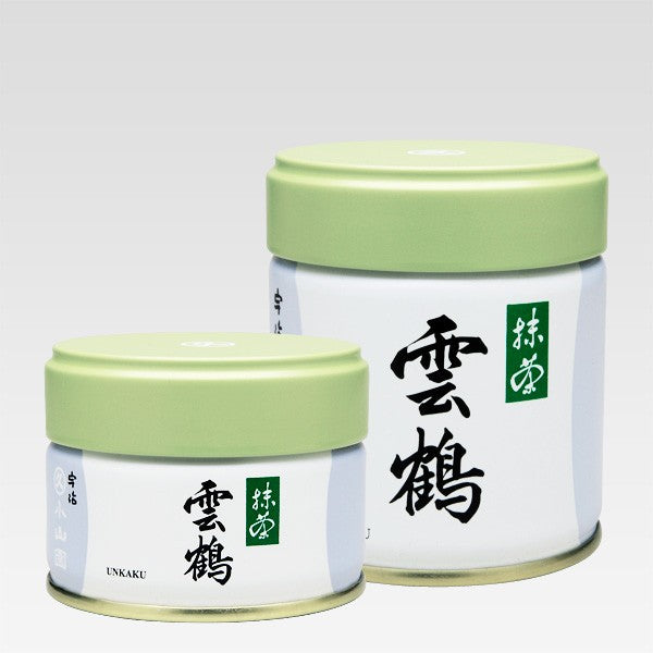 two sizes of unkaku matcha of marukyu koyamen cans