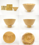 Multiple views of the pre-owned Matsukaze matcha bowl showing its front, sides, interior, underside, amber glaze variation, and raised foot.