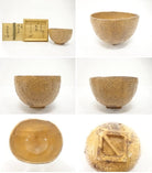 Multiple views of the pre-owned tawara Hagi matcha bowl showing its textured exterior, side profiles, interior, underside, and foot.