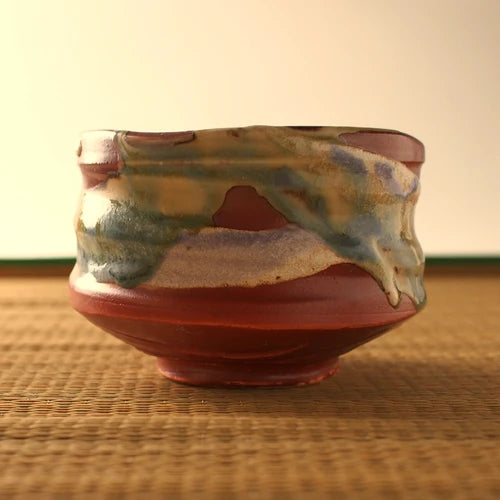Red Glaze Sansai Matcha Bowl 赤釉三彩  抹茶碗 美濃焼 日本製