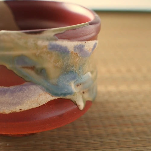 Red Glaze Sansai Matcha Bowl 赤釉三彩  抹茶碗 美濃焼 日本製