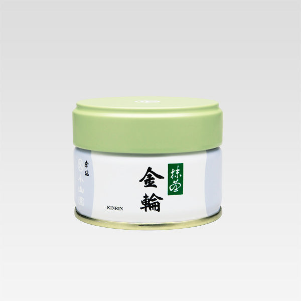 A canister of KINRIN Ceremonial Grade Matcha with Japanese characters printed on the label.